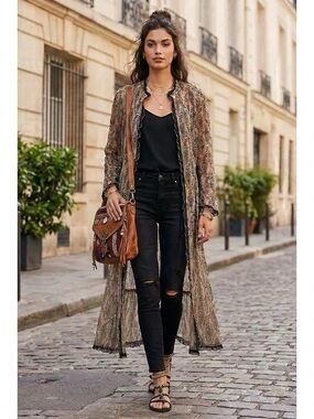 Indies Boho Lightweight Ruffle Trim Ditsy Floral Whimsigoth Tan Black Cardigan S